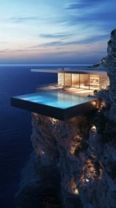 a pool on a cliff above water:Cliffside Living