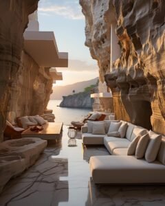 a couches and tables in a cliff:Cliffside Living